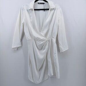 Zara Womens White Satin Draped Wrap Mini Dress V-Neck Long Sleeve Size M